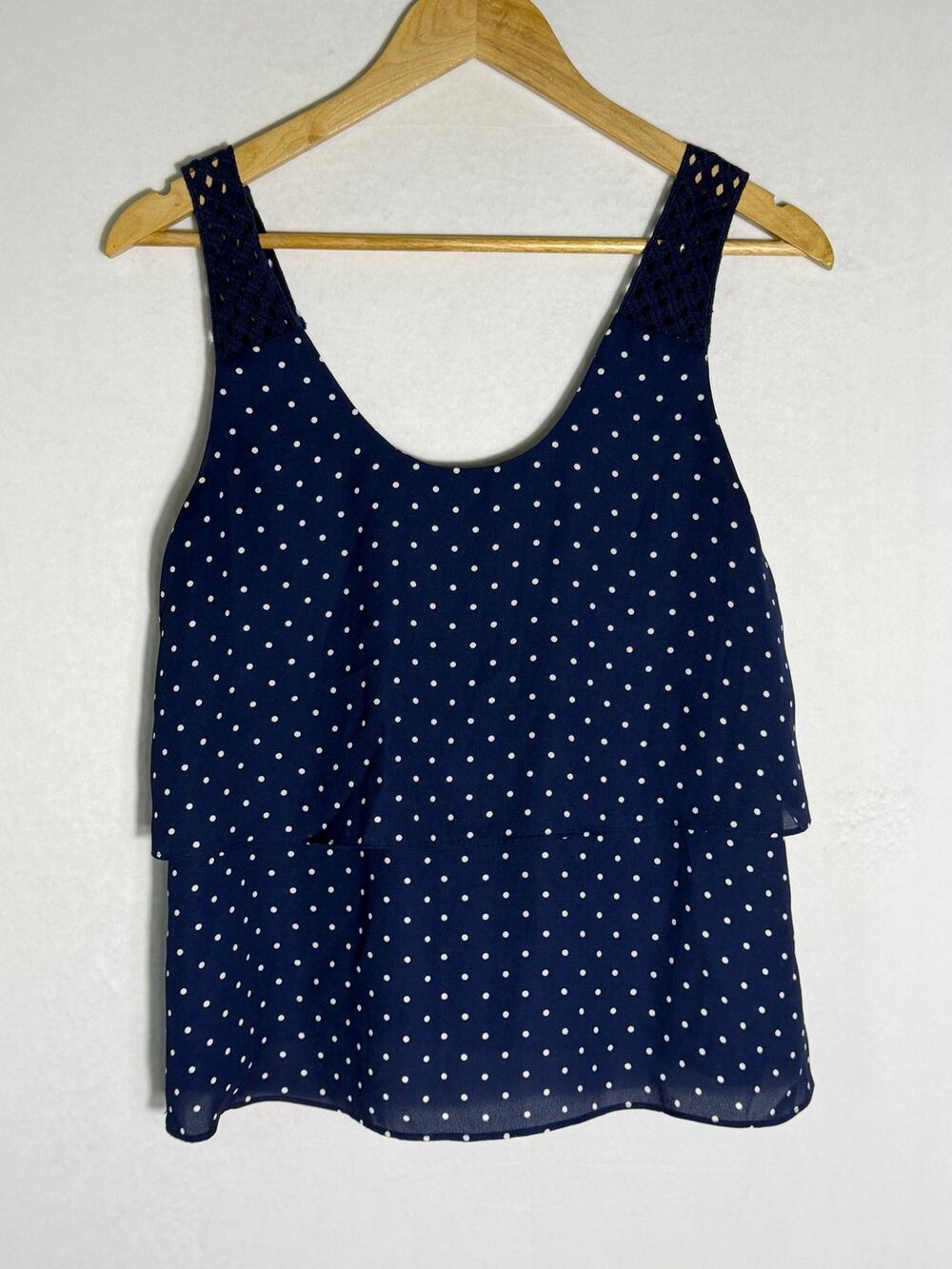 maurices Navy Blue Polka Dot Layered Crochet Strap Tank Top Large